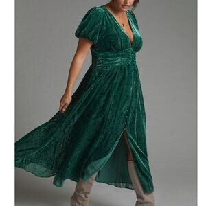 NWT Anthropologie Maxi Dress Green Puff-Sleeve Burnout Velvet 24W, 3X Boho Party